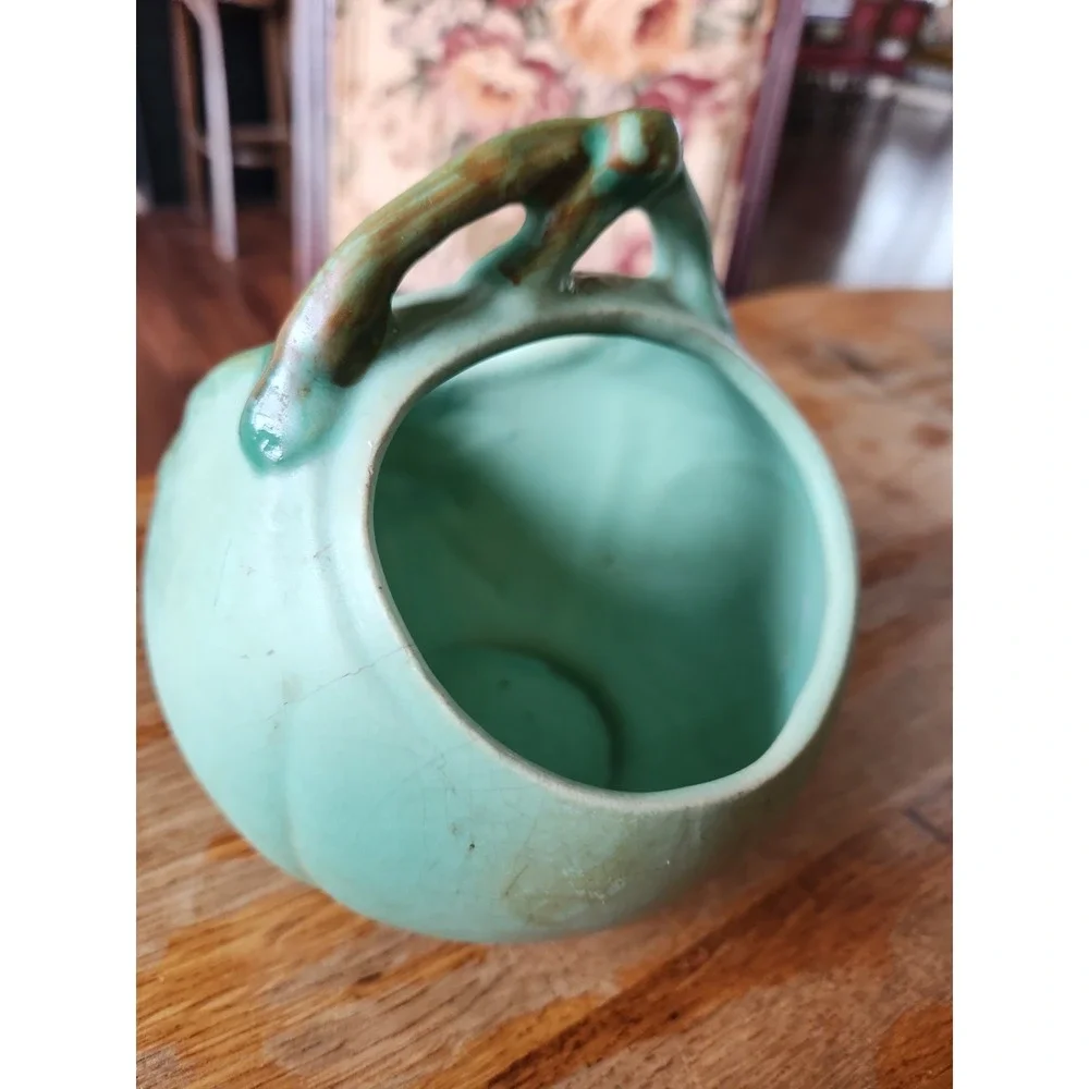 Vintage Weller Art Pottery Wild Rose Matte Green / Blue Basket Vase